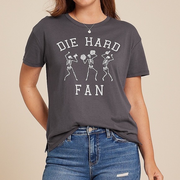 Maurices Tops - Maurices Die Hard Fan Skeleton Graphic Tee Charcoal Grey Spooky Grunge T-Shirt